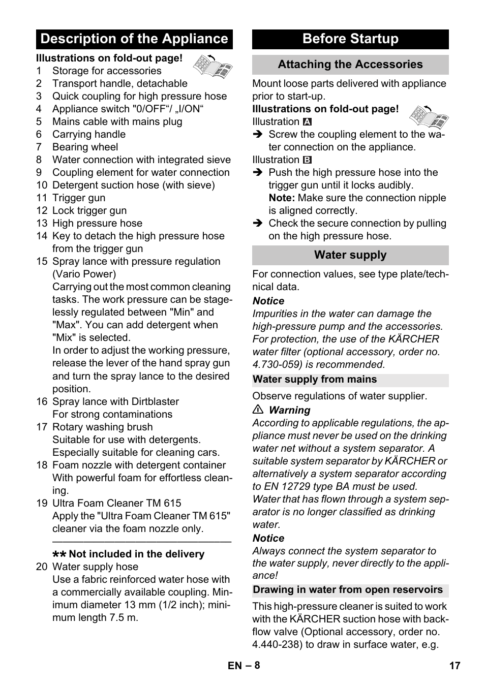 Description of the appliance, Before startup, Attaching the accessories | Water supply, Water supply from mains, Drawing in water from open reservoirs, Description of the appliance before startup | Karcher K 4 Compact Car User Manual | Page 17 / 46