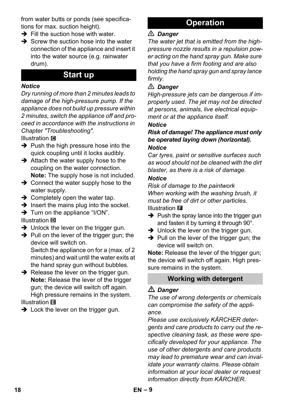 Start up, Operation, Working with detergent | Start up operation | Karcher K 4 Compact Car User Manual | Page 18 / 46