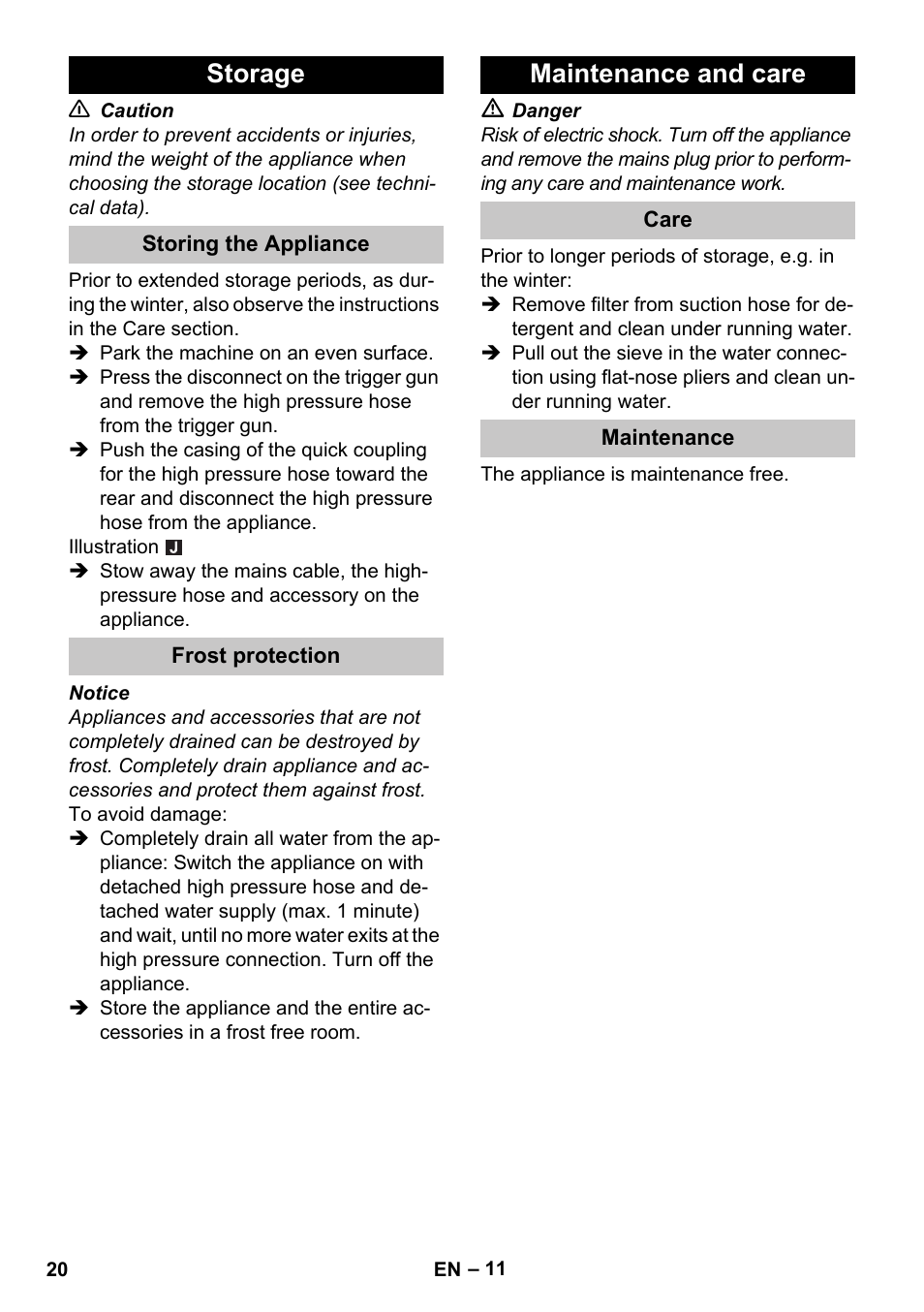 Storage, Storing the appliance, Frost protection | Maintenance and care, Care, Maintenance | Karcher K 4 Compact Car User Manual | Page 20 / 46