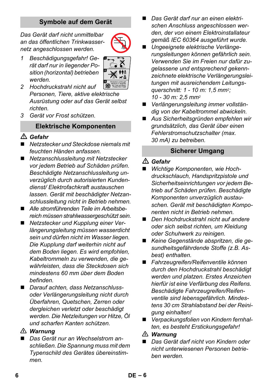 Symbole auf dem gerät, Elektrische komponenten, Sicherer umgang | Karcher K 4 Compact Car User Manual | Page 6 / 46