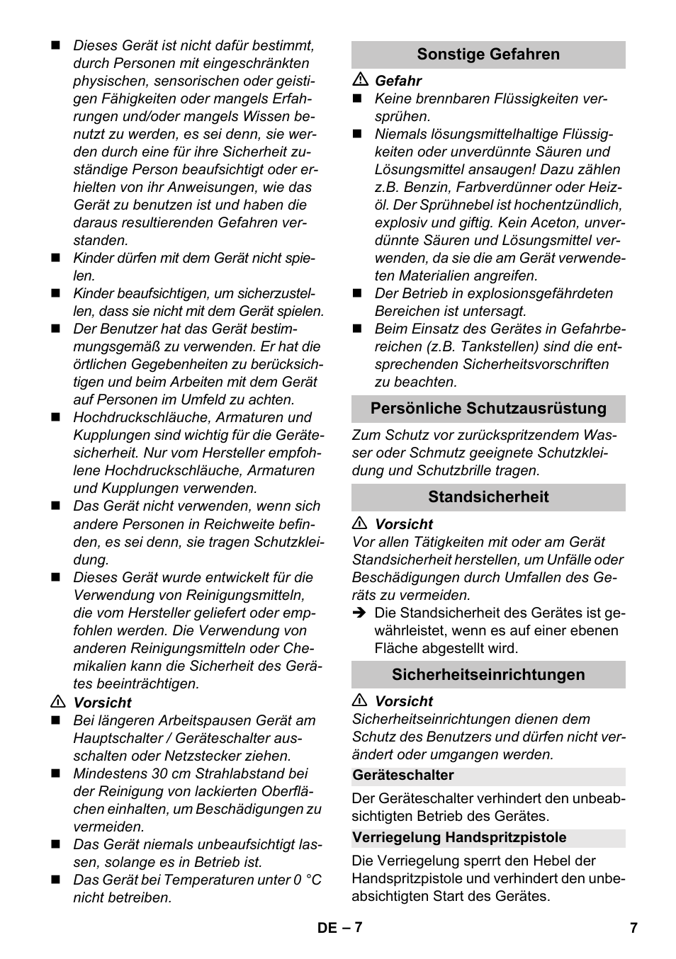 Sonstige gefahren, Persönliche schutzausrüstung, Standsicherheit | Sicherheitseinrichtungen, Geräteschalter, Verriegelung handspritzpistole | Karcher K 4 Compact Car User Manual | Page 7 / 46