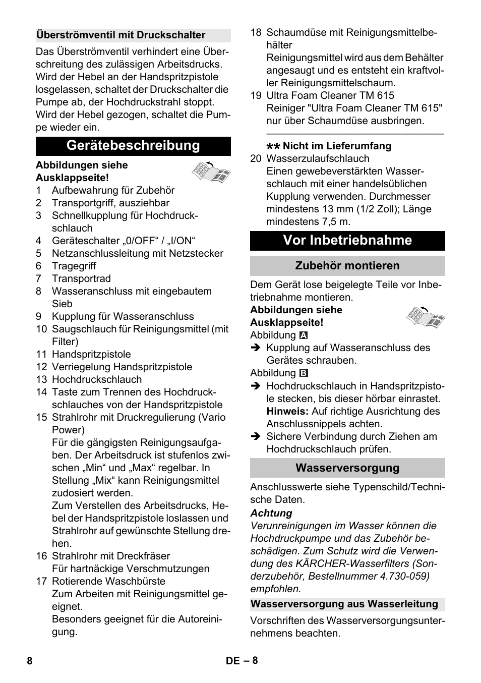 Überströmventil mit druckschalter, Gerätebeschreibung, Vor inbetriebnahme | Zubehör montieren, Wasserversorgung, Wasserversorgung aus wasserleitung, Gerätebeschreibung vor inbetriebnahme | Karcher K 4 Compact Car User Manual | Page 8 / 46