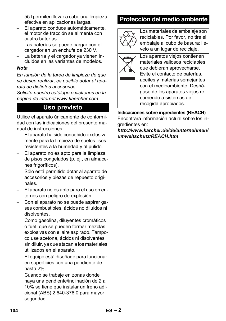 Uso previsto protección del medio ambiente | Karcher B 60 W Bp Pack User Manual | Page 104 / 550