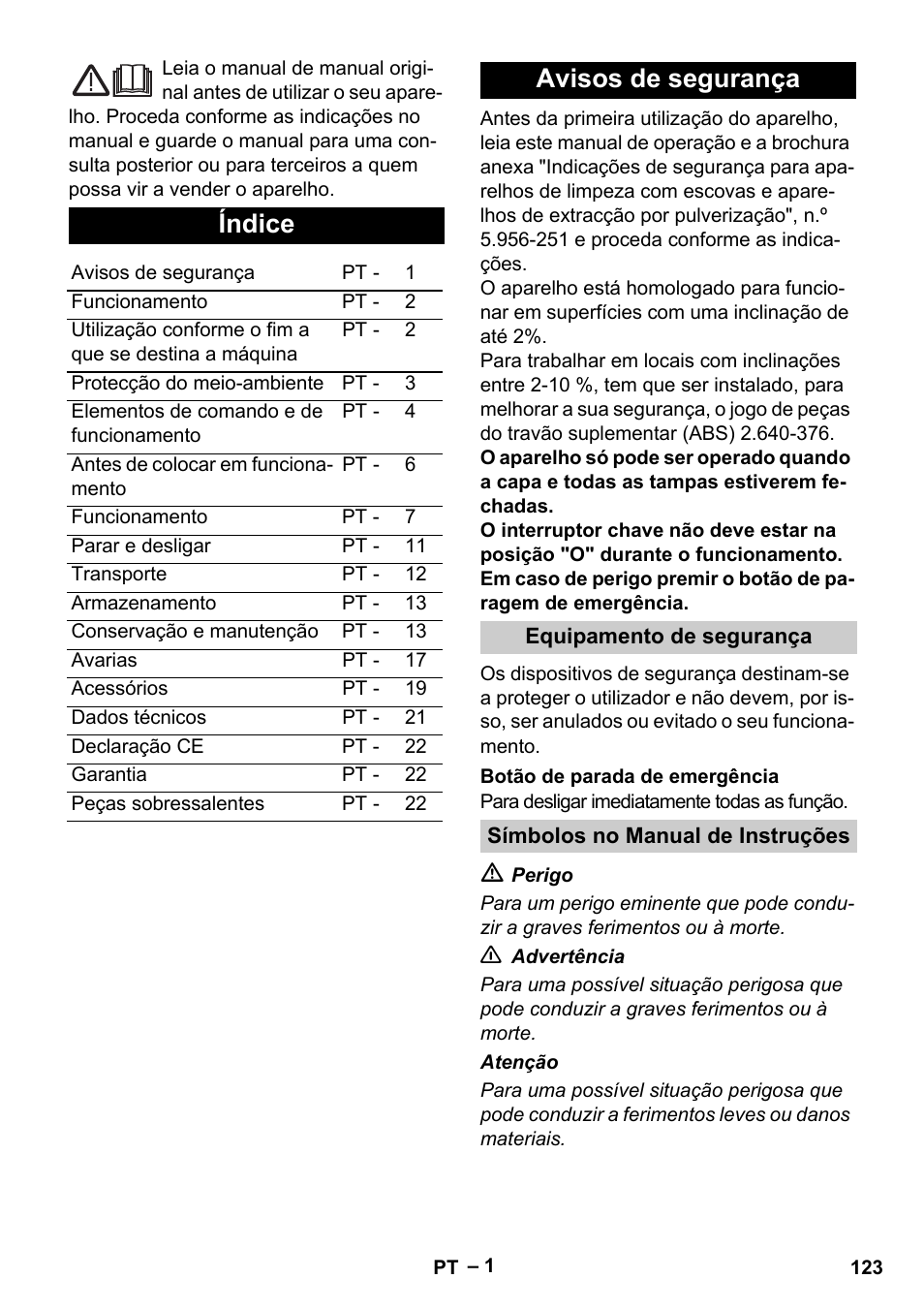 Português, Índice, Avisos de segurança | Karcher B 60 W Bp Pack User Manual | Page 123 / 550