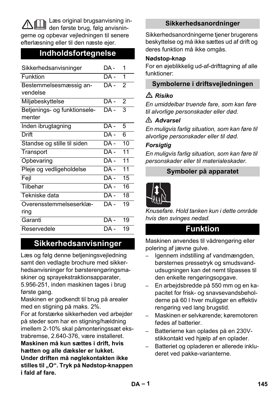 Dansk, Indholdsfortegnelse, Sikkerhedsanvisninger | Funktion | Karcher B 60 W Bp Pack User Manual | Page 145 / 550