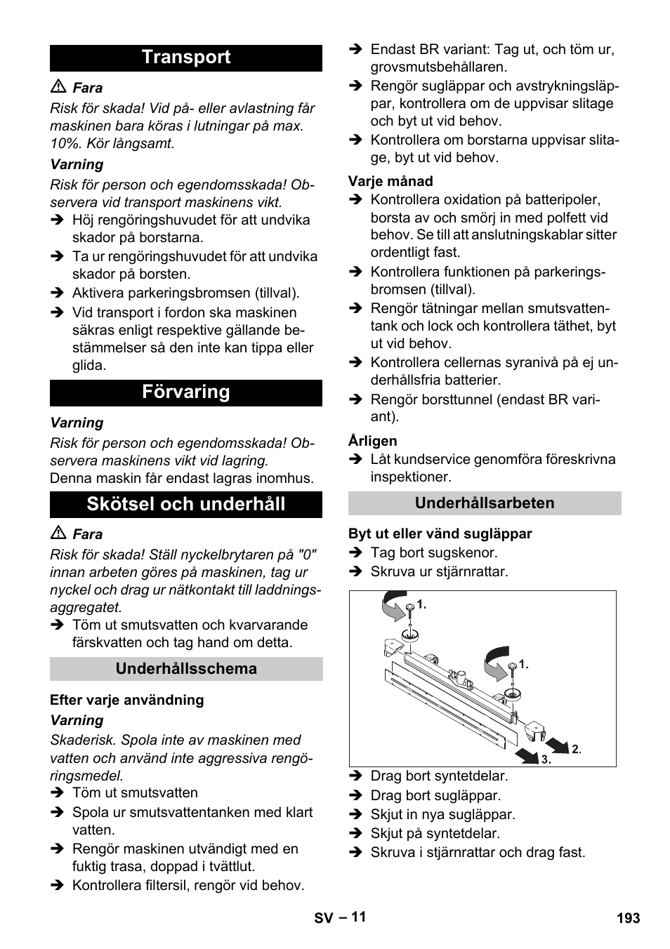 Transport förvaring skötsel och underhåll | Karcher B 60 W Bp Pack User Manual | Page 193 / 550