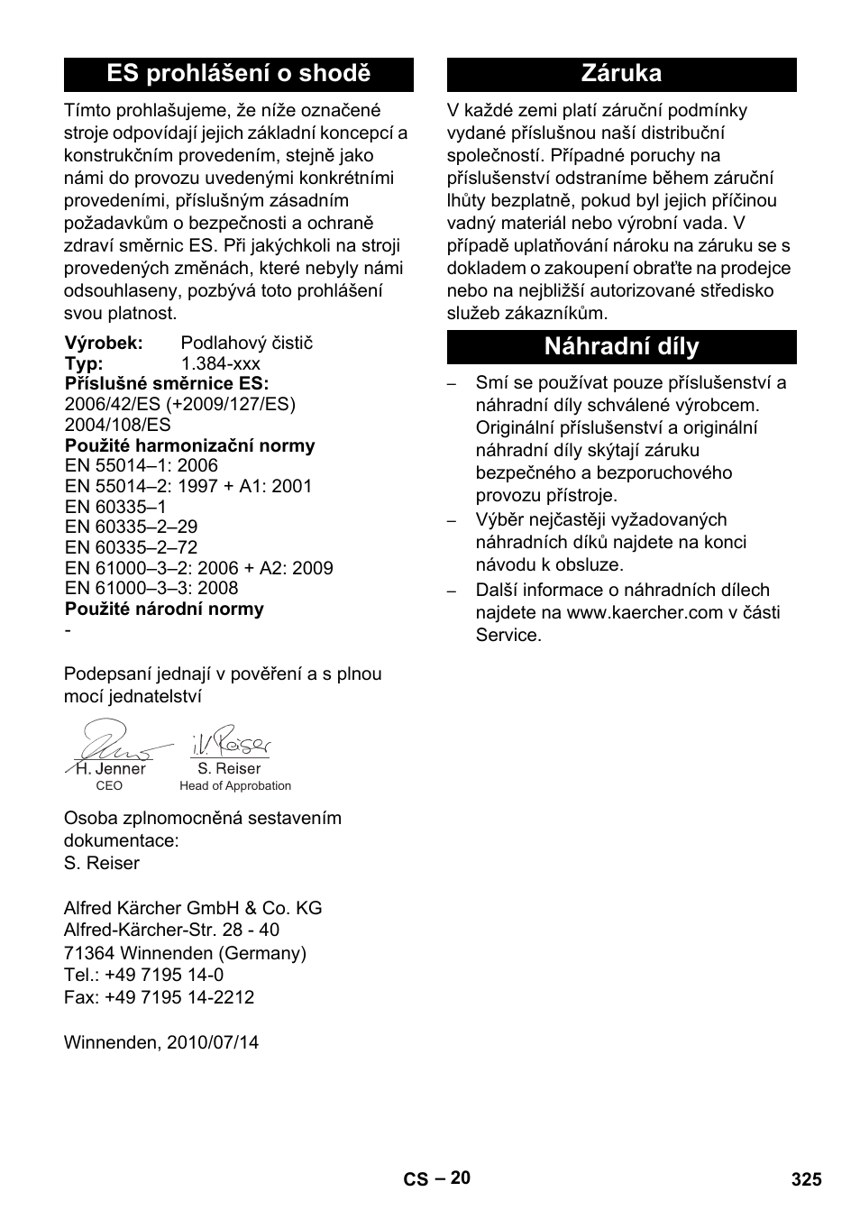 Es prohlášení o shodě, Záruka náhradní díly | Karcher B 60 W Bp Pack User Manual | Page 325 / 550