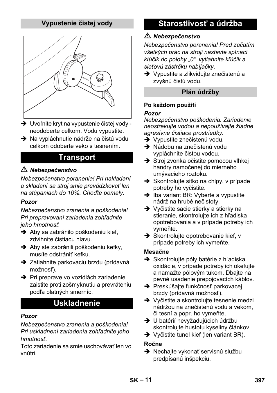 Transport uskladnenie starostlivosť a údržba | Karcher B 60 W Bp Pack User Manual | Page 397 / 550