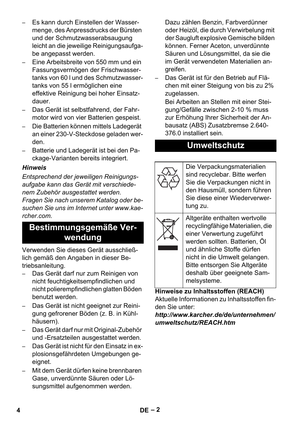 Bestimmungsgemäße ver- wendung umweltschutz | Karcher B 60 W Bp Pack User Manual | Page 4 / 550