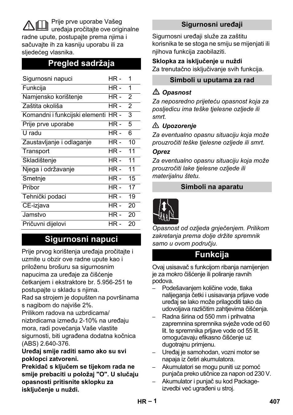 Hrvatski, Pregled sadržaja, Sigurnosni napuci | Funkcija | Karcher B 60 W Bp Pack User Manual | Page 407 / 550