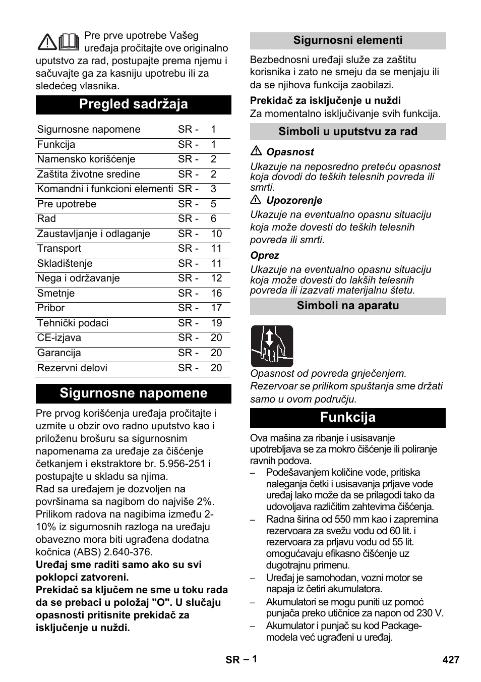 Srpski, Pregled sadržaja, Sigurnosne napomene | Funkcija | Karcher B 60 W Bp Pack User Manual | Page 427 / 550