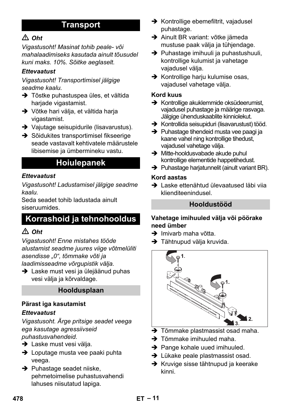 Transport hoiulepanek korrashoid ja tehnohooldus | Karcher B 60 W Bp Pack User Manual | Page 478 / 550
