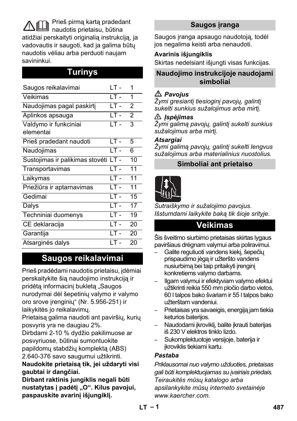 Lietuviškai, Turinys, Saugos reikalavimai | Veikimas | Karcher B 60 W Bp Pack User Manual | Page 487 / 550