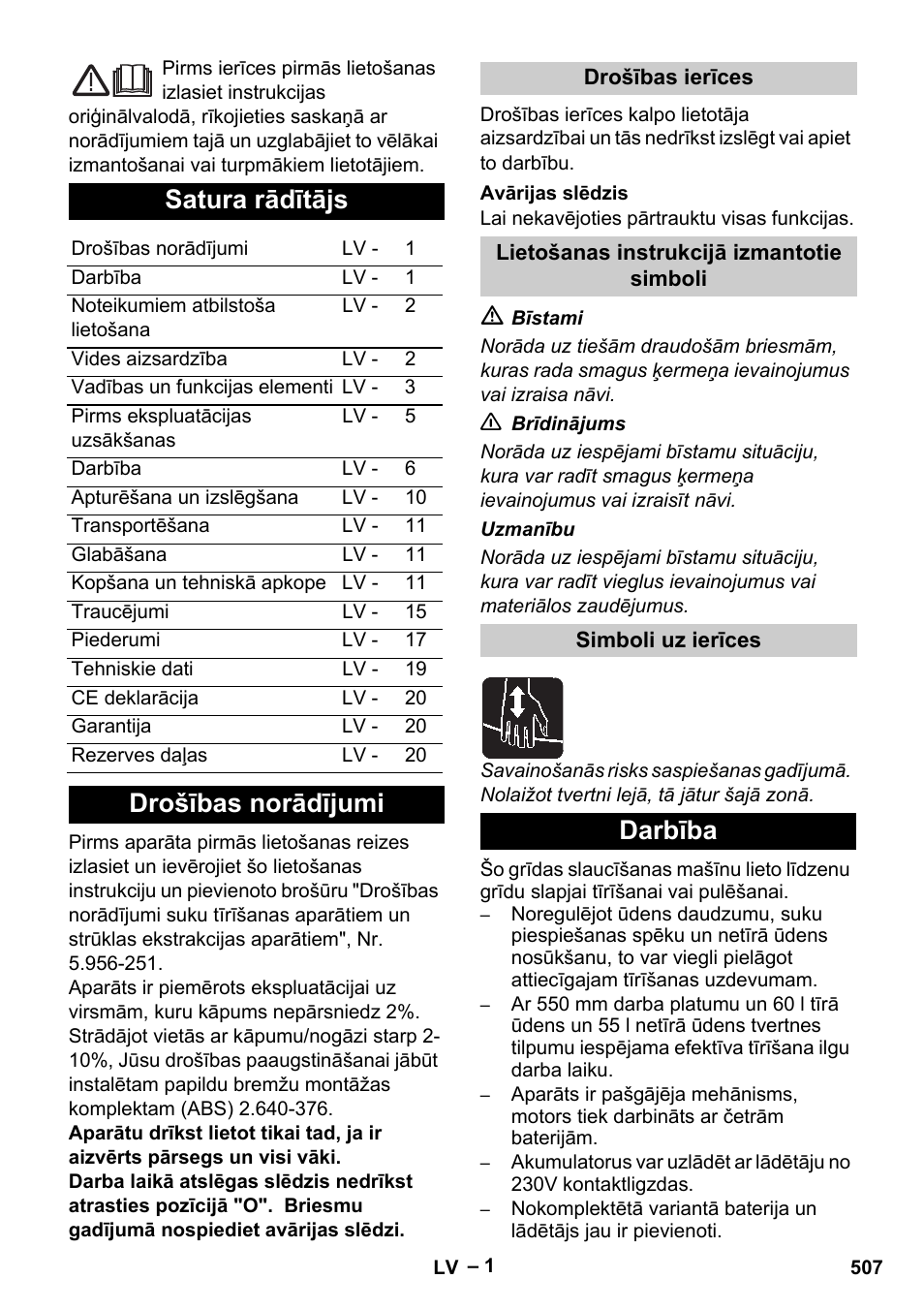 Latviešu, Satura rādītājs, Drošības norādījumi | Darbība | Karcher B 60 W Bp Pack User Manual | Page 507 / 550