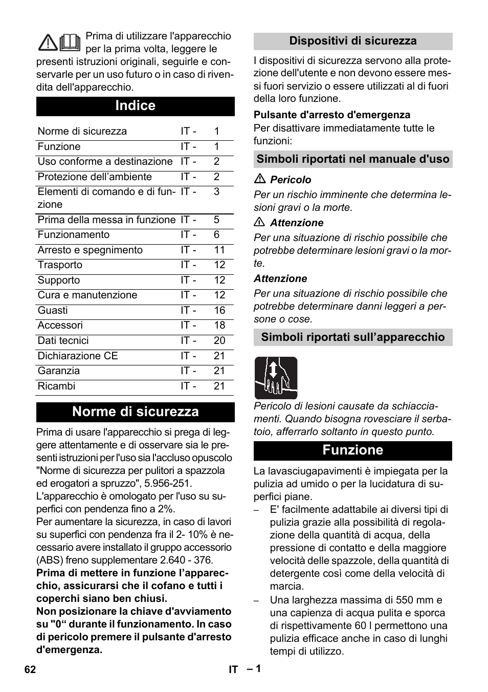 Italiano, Indice, Norme di sicurezza | Funzione | Karcher B 60 W Bp Pack User Manual | Page 62 / 550