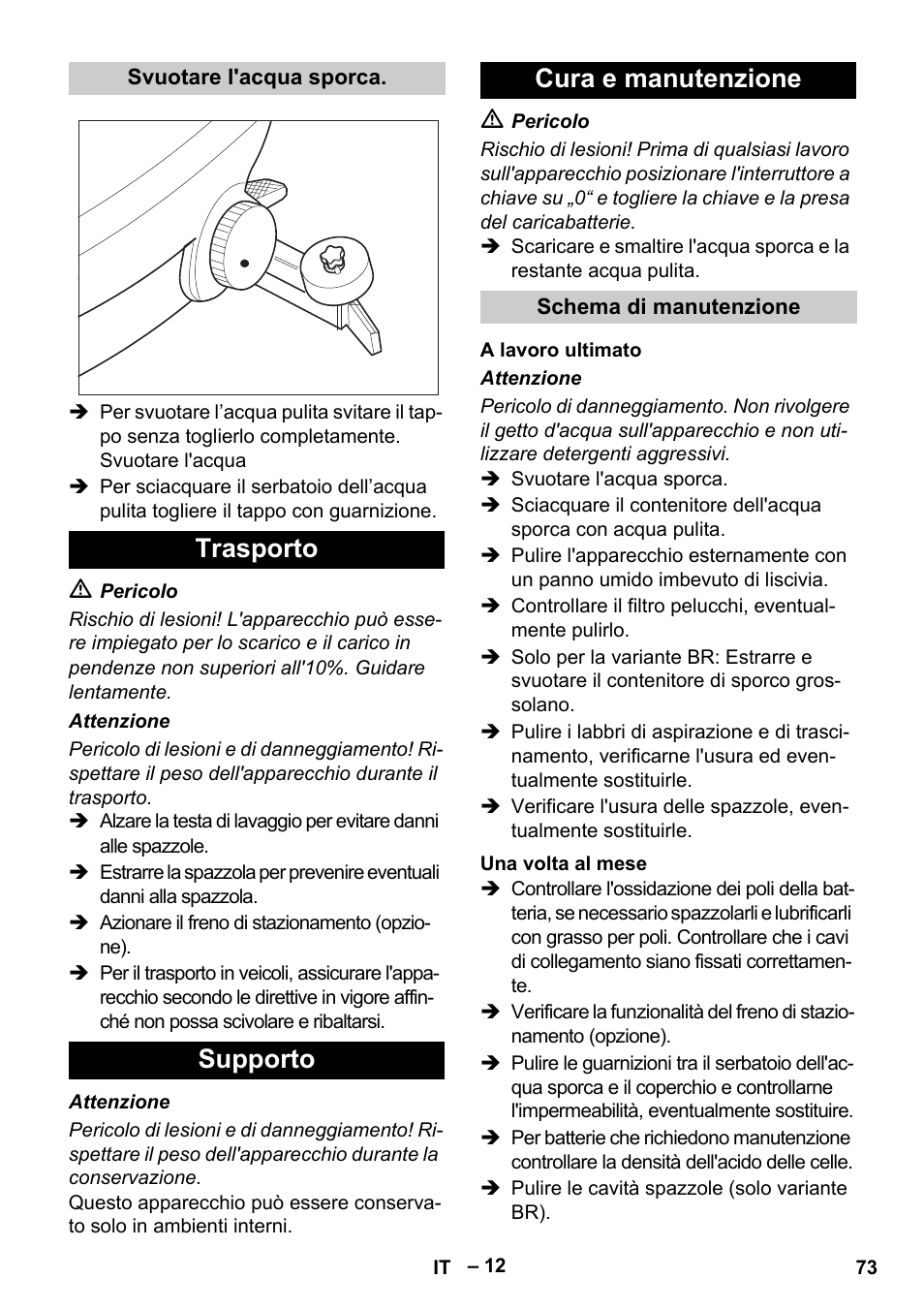 Trasporto supporto cura e manutenzione | Karcher B 60 W Bp Pack User Manual | Page 73 / 550