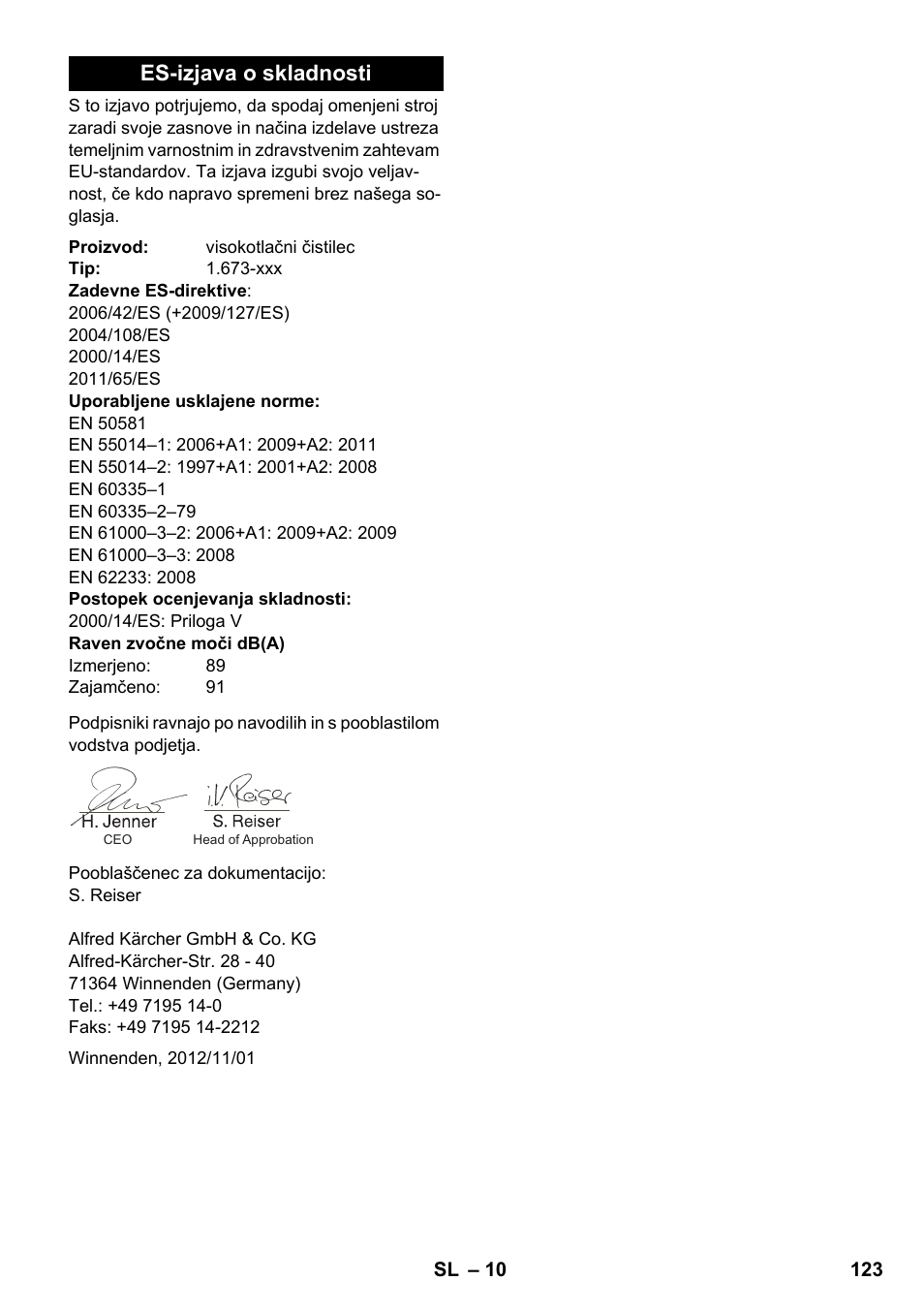 Es-izjava o skladnosti | Karcher K 2 Car User Manual | Page 123 / 196