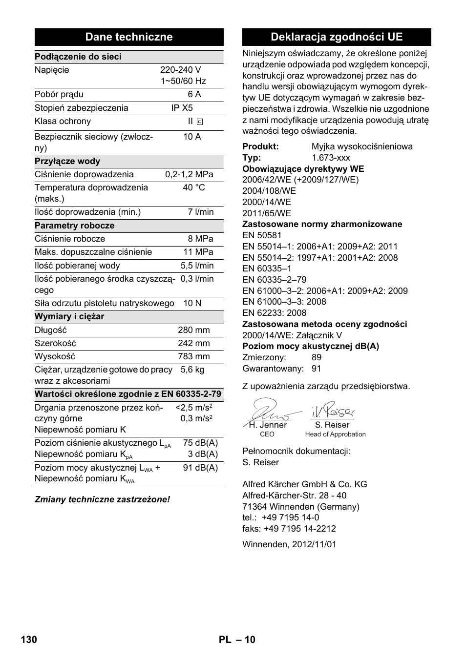 Dane techniczne, Deklaracja zgodności ue | Karcher K 2 Car User Manual | Page 130 / 196