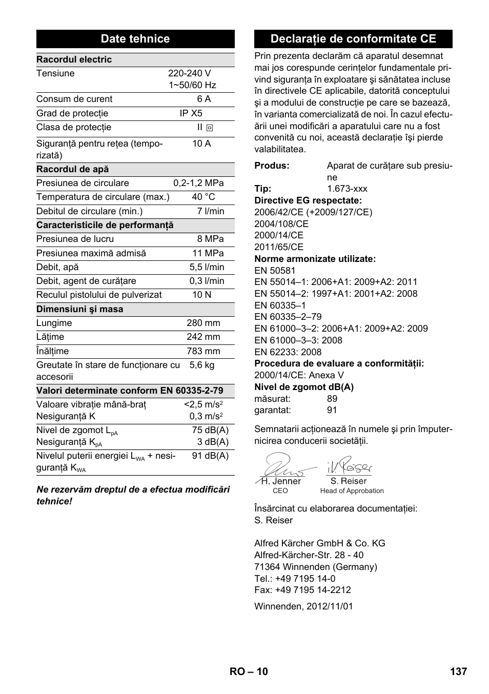 Date tehnice, Declaraţie de conformitate ce | Karcher K 2 Car User Manual | Page 137 / 196