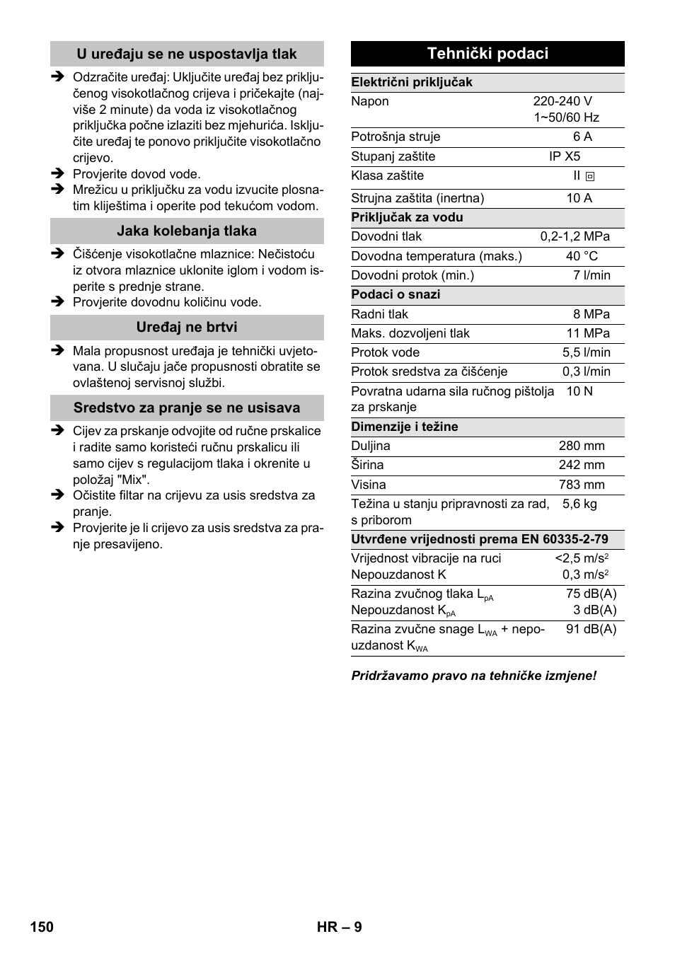 Tehnički podaci | Karcher K 2 Car User Manual | Page 150 / 196