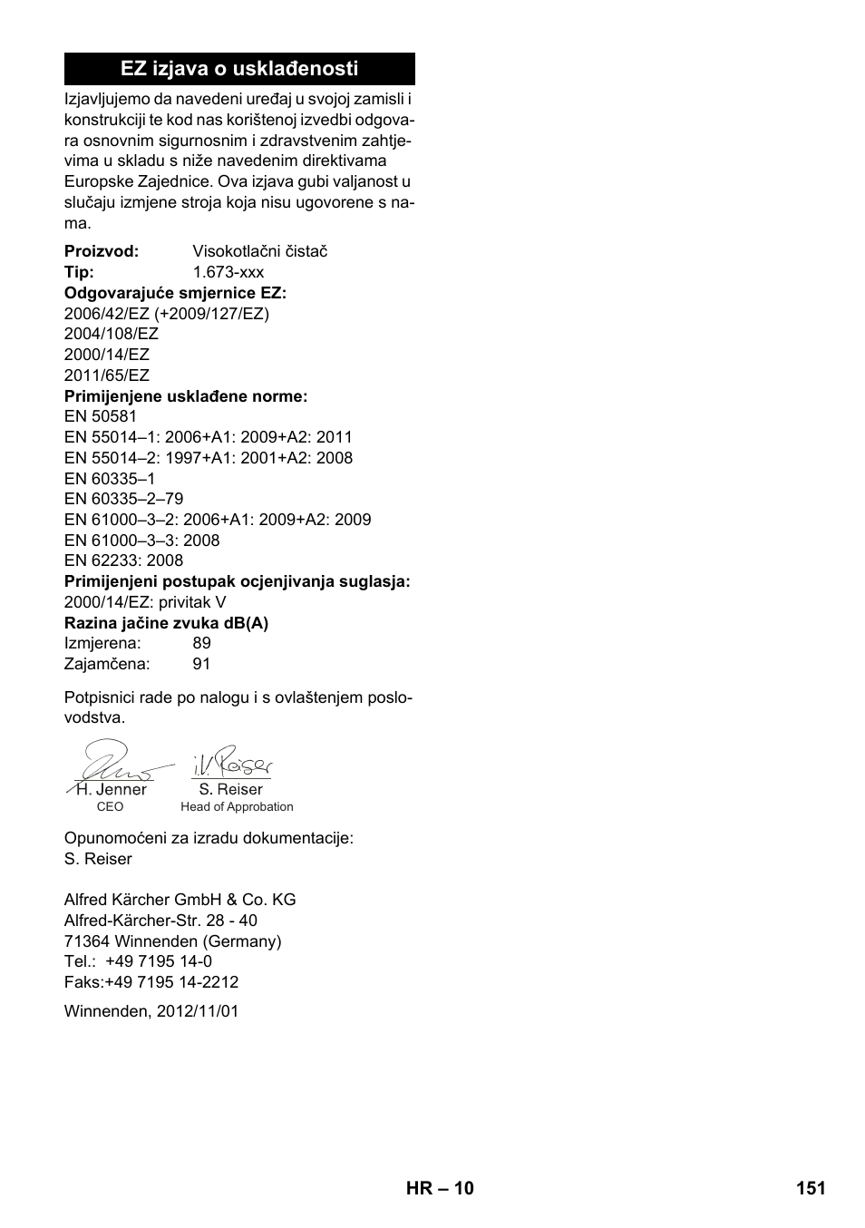 Ez izjava o usklađenosti | Karcher K 2 Car User Manual | Page 151 / 196