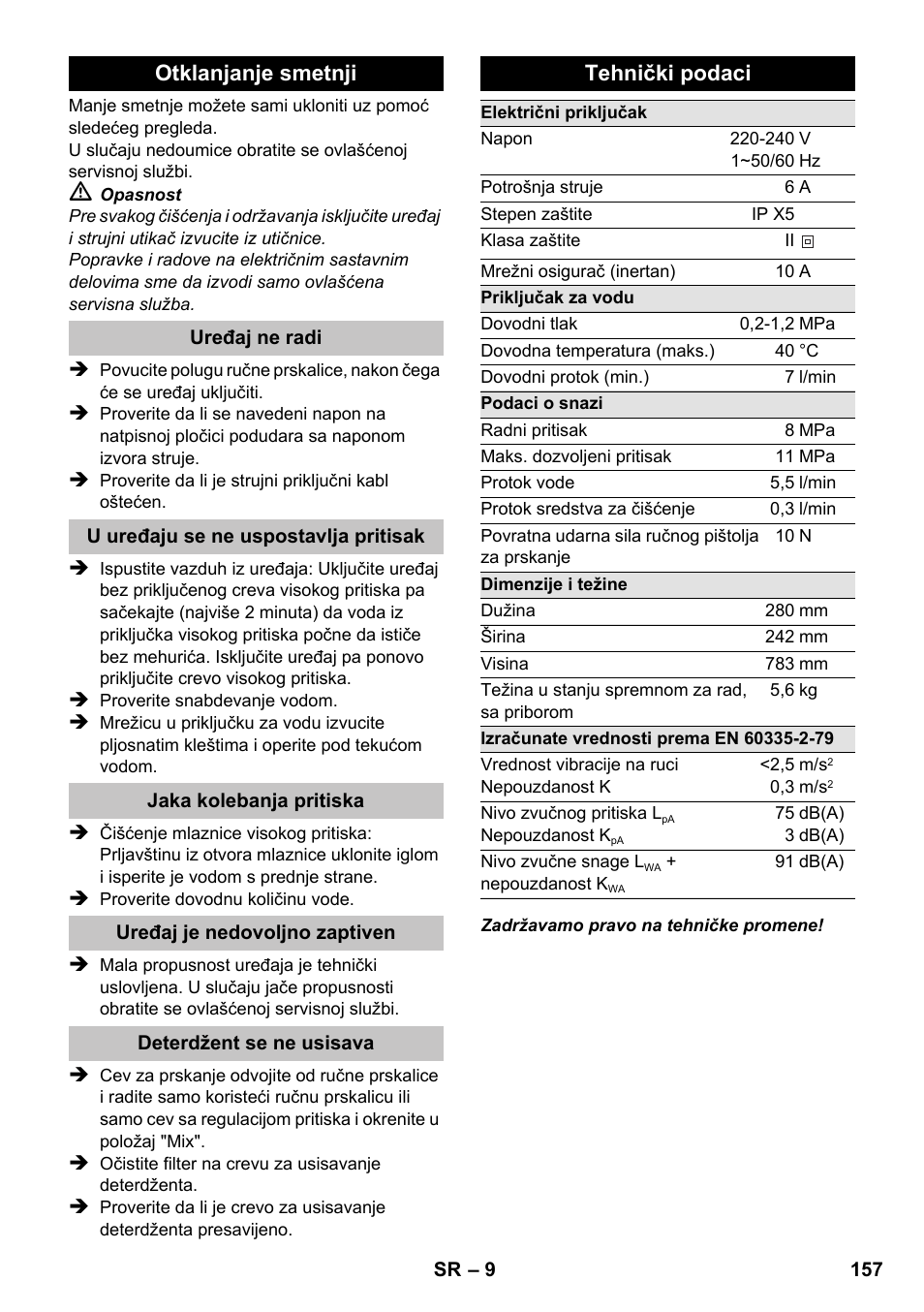 Otklanjanje smetnji, Tehnički podaci | Karcher K 2 Car User Manual | Page 157 / 196