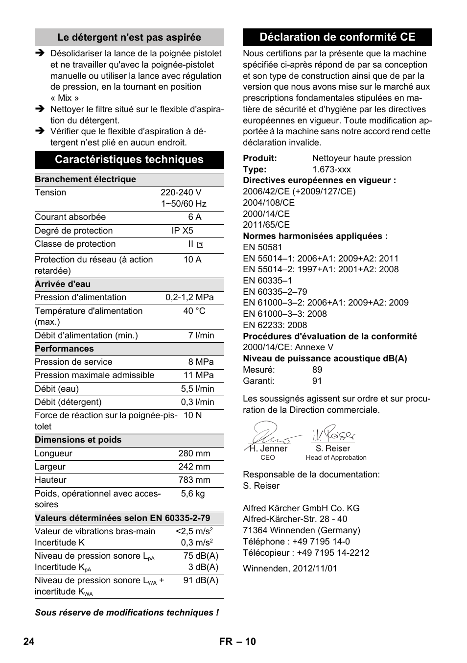 Caractéristiques techniques, Déclaration de conformité ce | Karcher K 2 Car User Manual | Page 24 / 196