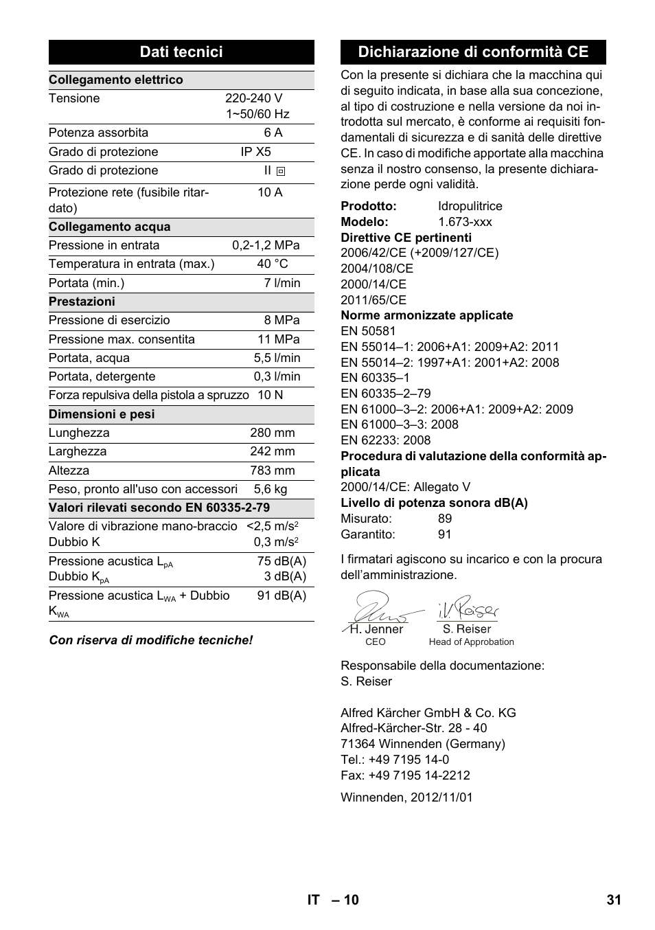 Dati tecnici, Dichiarazione di conformità ce | Karcher K 2 Car User Manual | Page 31 / 196