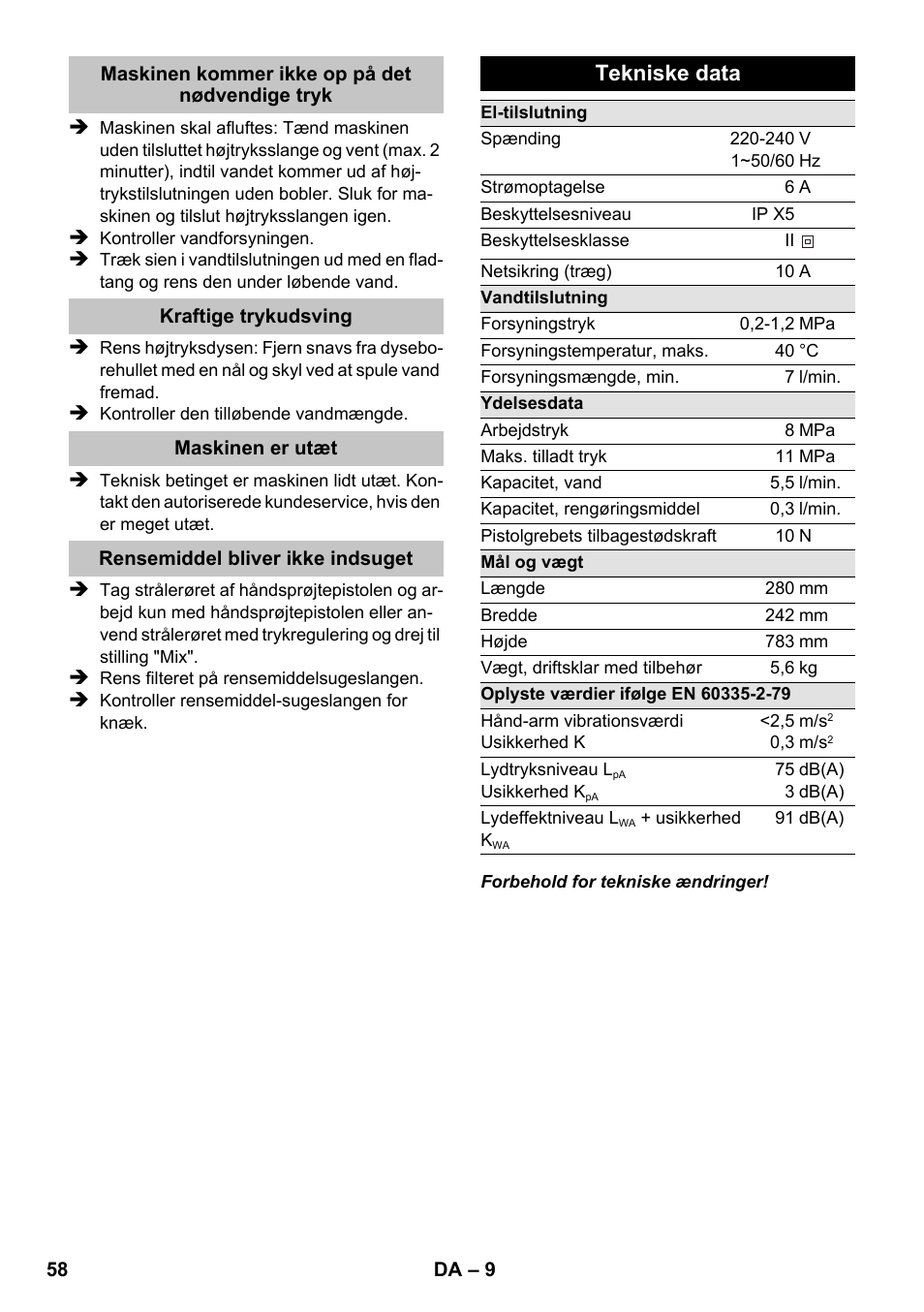 Tekniske data | Karcher K 2 Car User Manual | Page 58 / 196