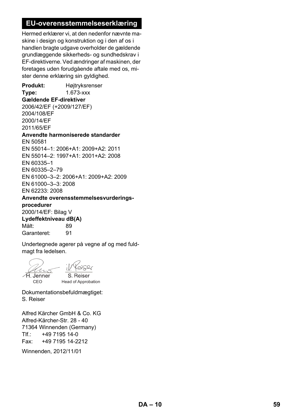 Eu-overensstemmelseserklæring | Karcher K 2 Car User Manual | Page 59 / 196