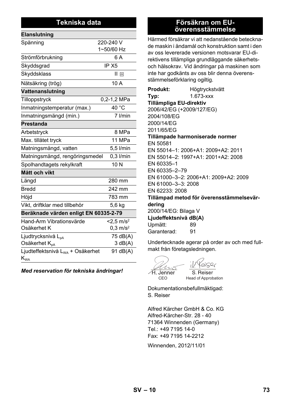 Tekniska data, Försäkran om eu- överensstämmelse | Karcher K 2 Car User Manual | Page 73 / 196