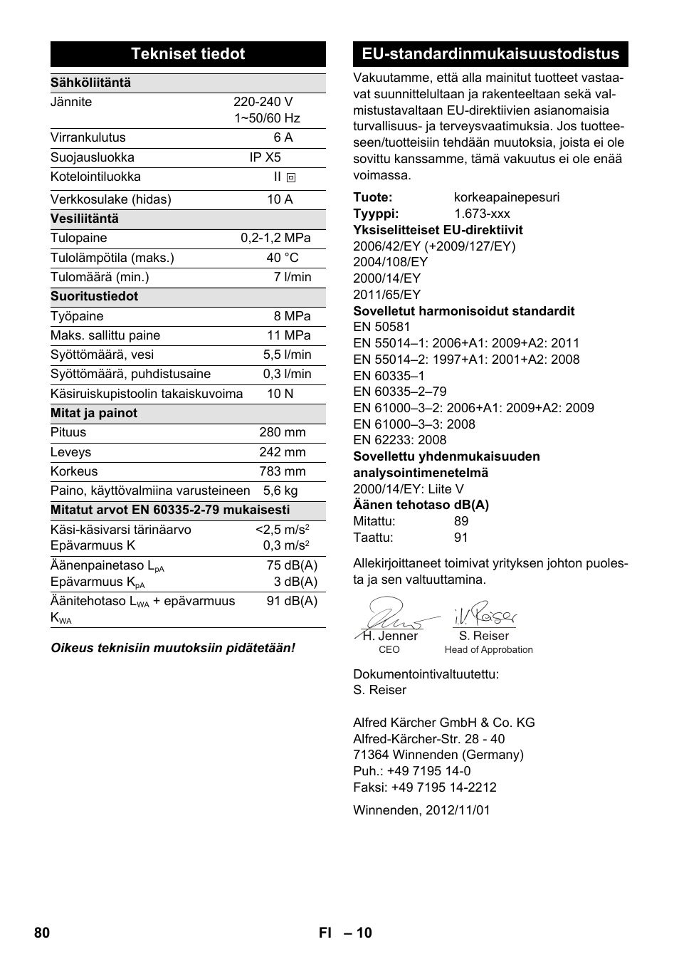 Tekniset tiedot, Eu-standardinmukaisuustodistus | Karcher K 2 Car User Manual | Page 80 / 196