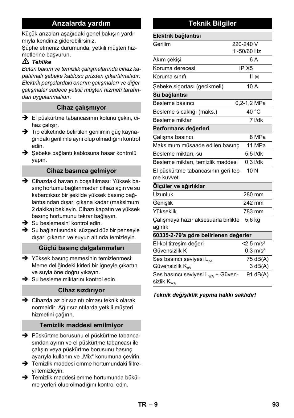 Arızalarda yardım, Teknik bilgiler | Karcher K 2 Car User Manual | Page 93 / 196