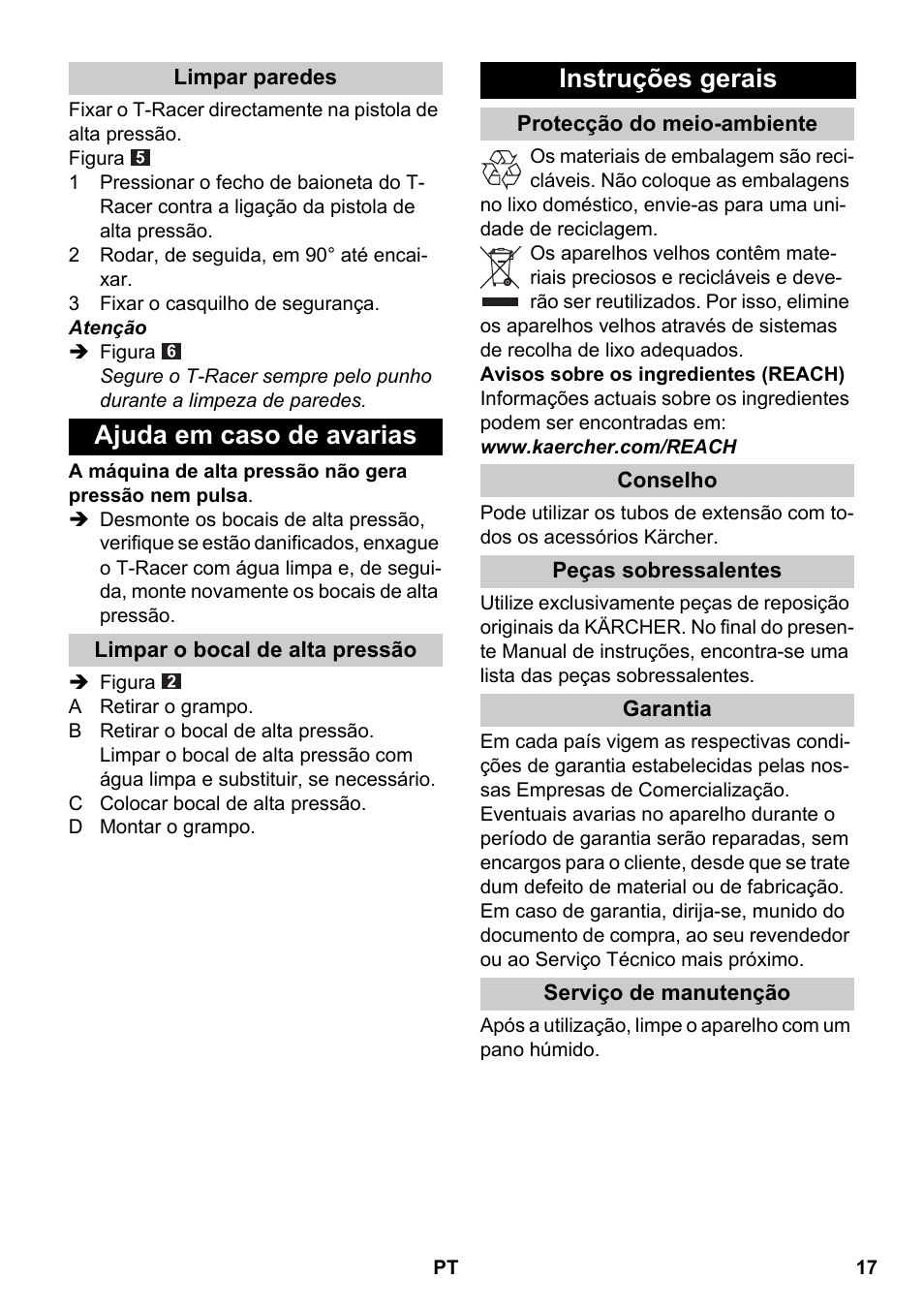 Limpar paredes, Ajuda em caso de avarias, Limpar o bocal de alta pressão | Instruções gerais, Protecção do meio-ambiente, Conselho, Peças sobressalentes, Garantia, Serviço de manutenção | Karcher K 4 Premium eco!ogic Home User Manual | Page 17 / 64