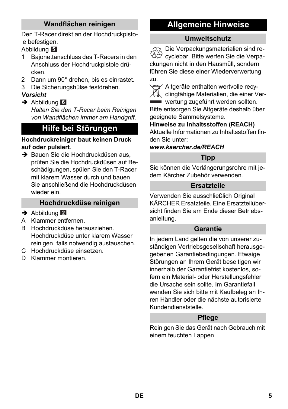 Wandflächen reinigen, Hilfe bei störungen, Hochdruckdüse reinigen | Allgemeine hinweise, Umweltschutz, Tipp, Ersatzteile, Garantie, Pflege | Karcher K 4 Premium eco!ogic Home User Manual | Page 5 / 64