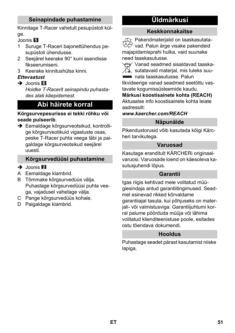 Seinapindade puhastamine, Abi häirete korral, Kõrgsurvedüüsi puhastamine | Üldmärkusi, Keskkonnakaitse, Näpunäide, Varuosad, Garantii, Hooldus | Karcher K 4 Premium eco!ogic Home User Manual | Page 51 / 64