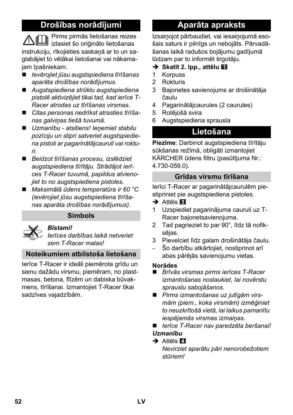 Latviešu, Drošības norādījumi, Simbols | Noteikumiem atbilstoša lietošana, Aparāta apraksts, Lietošana, Grīdas virsmu tīrīšana, Norādes, Aparāta apraksts lietošana | Karcher K 4 Premium eco!ogic Home User Manual | Page 52 / 64