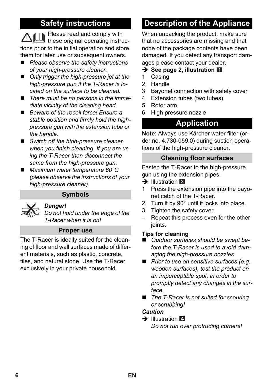 English, Safety instructions, Symbols | Proper use, Description of the appliance, Application, Cleaning floor surfaces, Tips for cleaning, Description of the appliance application | Karcher K 4 Premium eco!ogic Home User Manual | Page 6 / 64