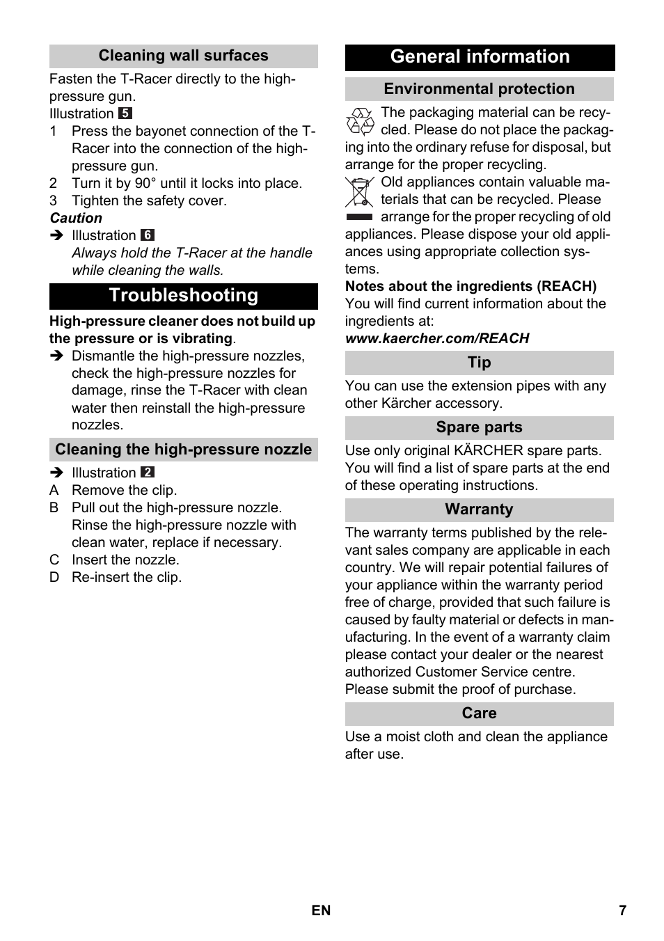 Cleaning wall surfaces, Troubleshooting, Cleaning the high-pressure nozzle | General information, Environmental protection, Spare parts, Warranty, Care | Karcher K 4 Premium eco!ogic Home User Manual | Page 7 / 64