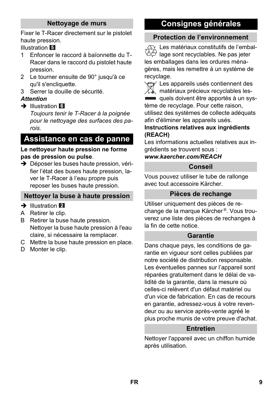 Nettoyage de murs, Assistance en cas de panne, Nettoyer la buse à haute pression | Consignes générales, Protection de l’environnement, Conseil, Pièces de rechange, Garantie, Entretien | Karcher K 4 Premium eco!ogic Home User Manual | Page 9 / 64