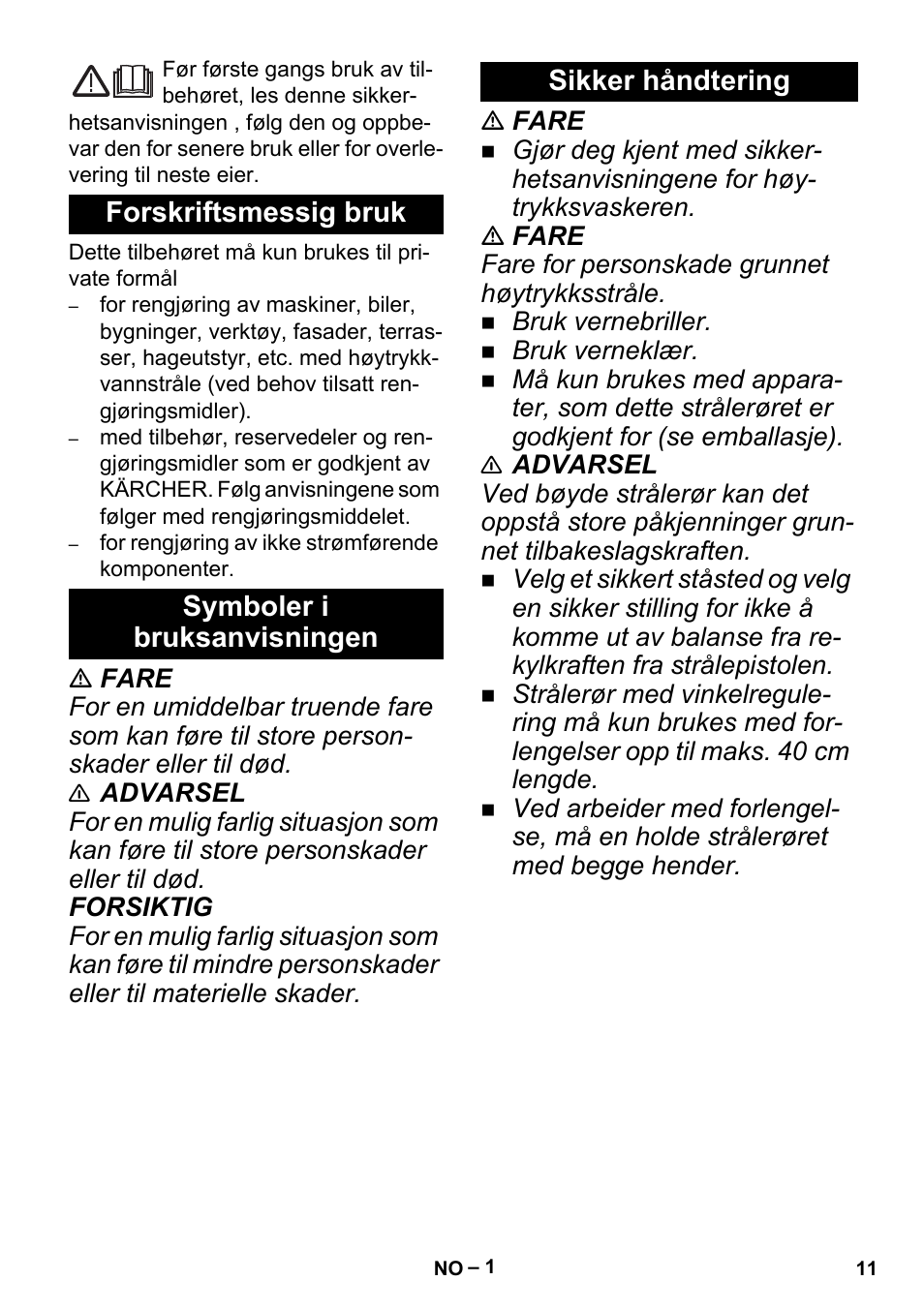 Norsk, Forskriftsmessig bruk, Symboler i bruksanvisningen | Sikker håndtering | Karcher K 5 Premium Offroad User Manual | Page 11 / 36