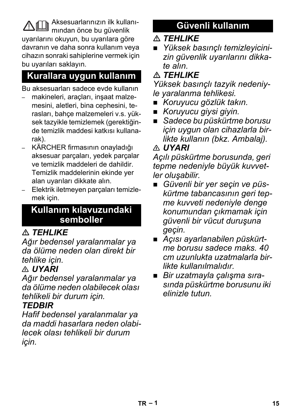 Türkçe, Kurallara uygun kullanım, Kullanım kılavuzundaki semboller | Güvenli kullanım | Karcher K 5 Premium Offroad User Manual | Page 15 / 36