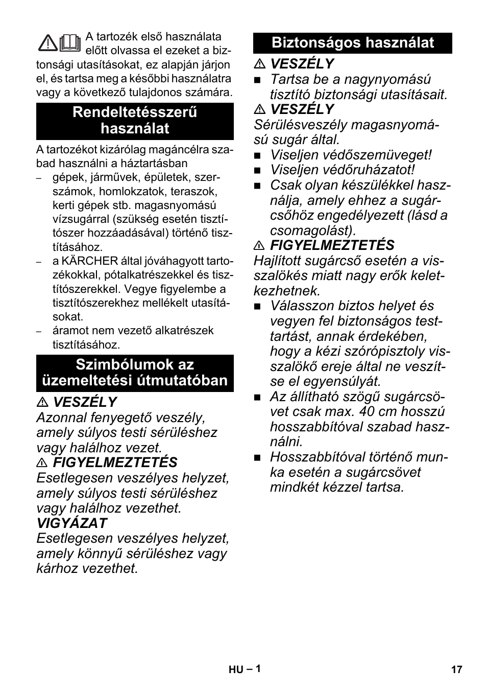 Magyar, Rendeltetésszerű használat, Szimbólumok az üzemeltetési útmutatóban | Biztonságos használat | Karcher K 5 Premium Offroad User Manual | Page 17 / 36