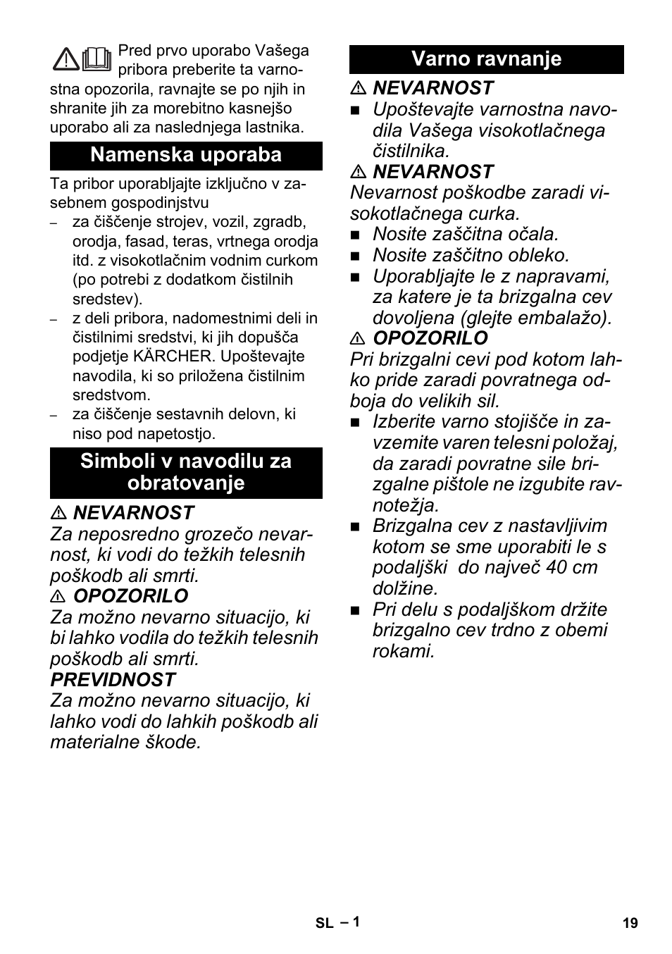 Slovenščina, Namenska uporaba, Simboli v navodilu za obratovanje | Varno ravnanje | Karcher K 5 Premium Offroad User Manual | Page 19 / 36