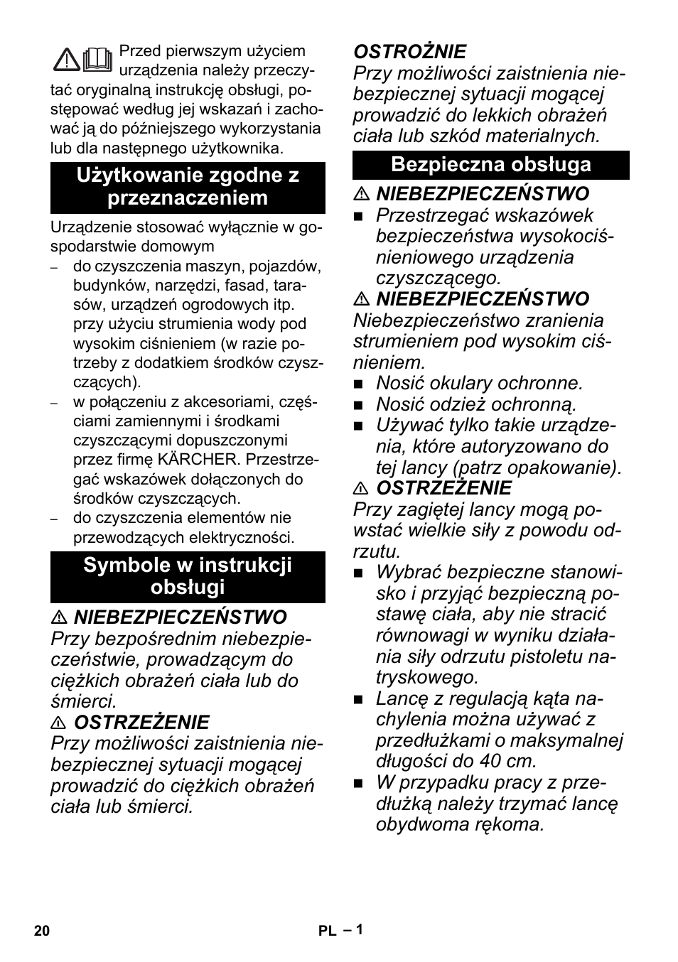 Polski, Użytkowanie zgodne z przeznaczeniem, Symbole w instrukcji obsługi | Bezpieczna obsługa | Karcher K 5 Premium Offroad User Manual | Page 20 / 36