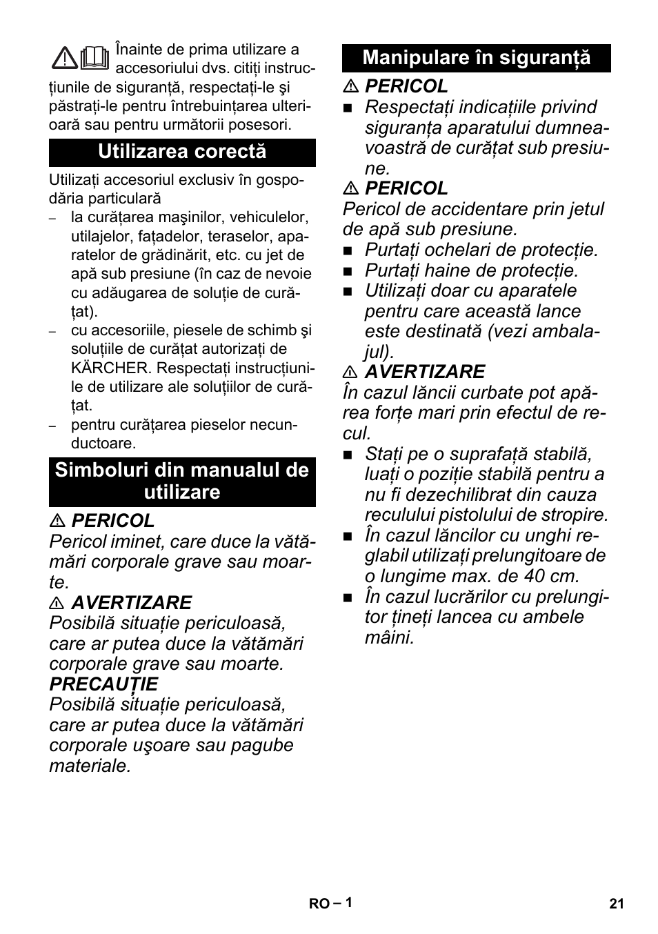 Româneşte, Utilizarea corectă, Simboluri din manualul de utilizare | Manipulare în siguranţă | Karcher K 5 Premium Offroad User Manual | Page 21 / 36