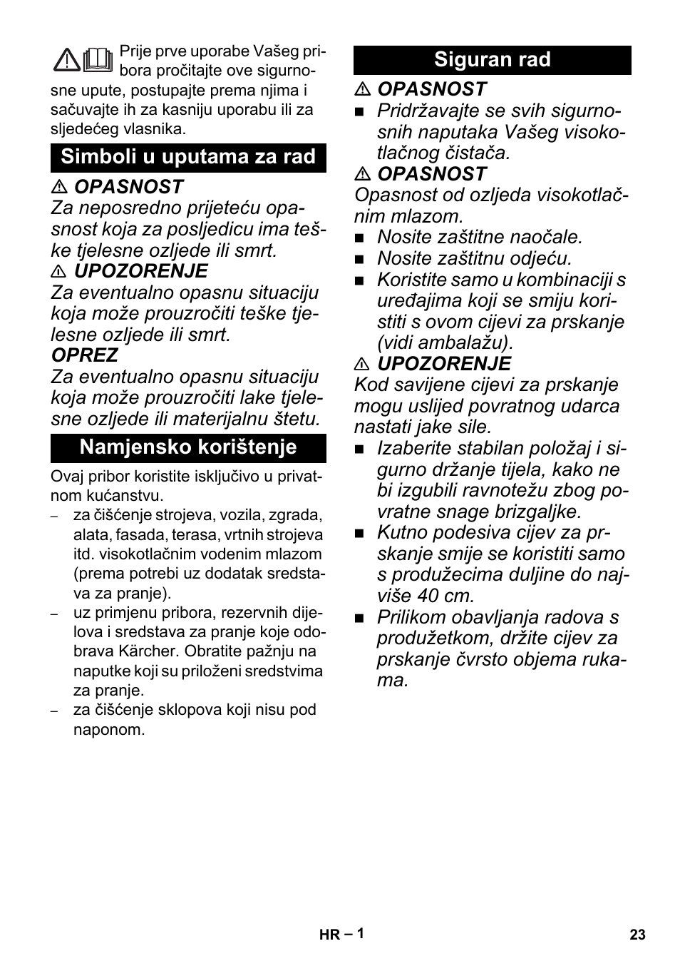 Hrvatski, Simboli u uputama za rad, Namjensko korištenje | Siguran rad | Karcher K 5 Premium Offroad User Manual | Page 23 / 36