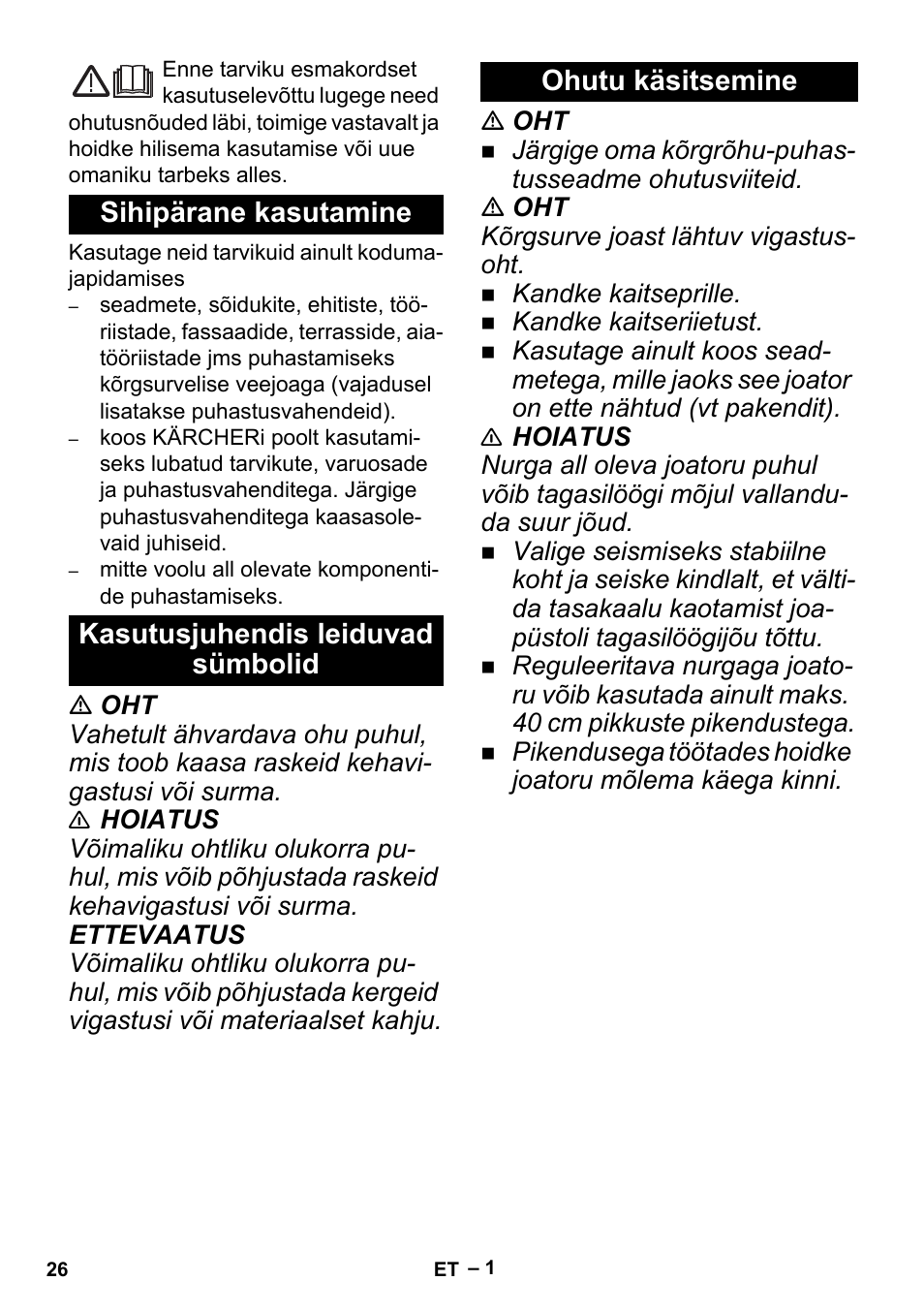Eesti, Sihipärane kasutamine, Kasutusjuhendis leiduvad sümbolid | Ohutu käsitsemine | Karcher K 5 Premium Offroad User Manual | Page 26 / 36