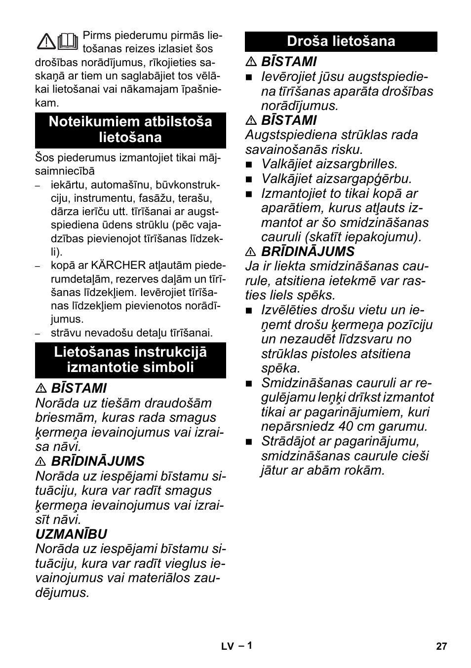 Latviešu, Noteikumiem atbilstoša lietošana, Lietošanas instrukcijā izmantotie simboli | Droša lietošana | Karcher K 5 Premium Offroad User Manual | Page 27 / 36