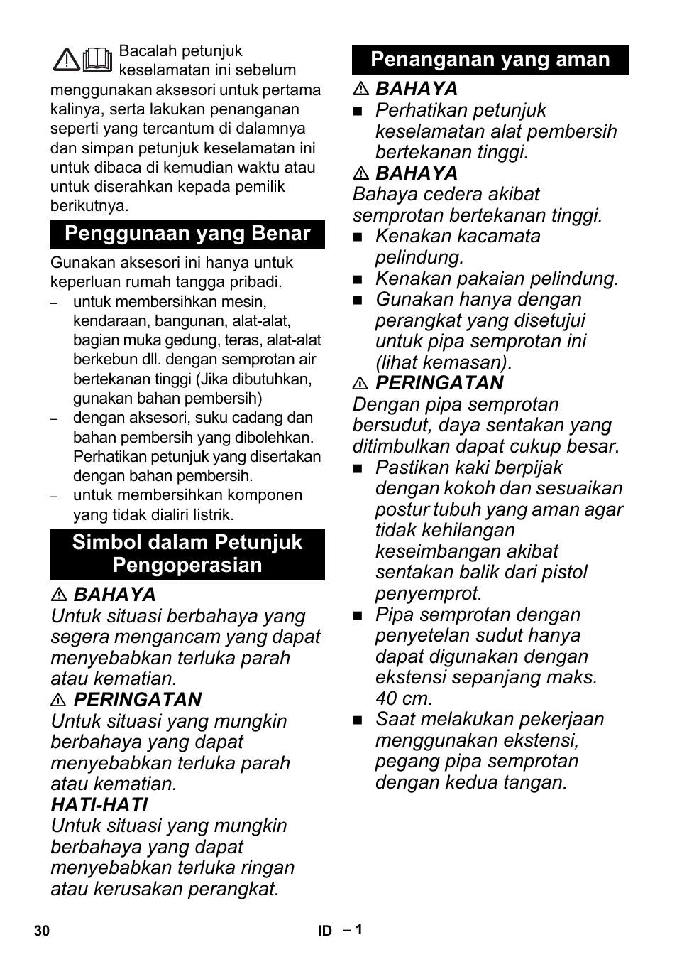 Indonesia, Penggunaan yang benar, Simbol dalam petunjuk pengoperasian | Penanganan yang aman | Karcher K 5 Premium Offroad User Manual | Page 30 / 36